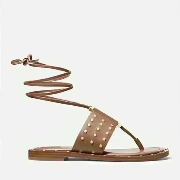 MICHAEL KORS  | Women's Brown/Gold Jagger Studded Leather Ankle Wrap San… - Picture 1 of 6